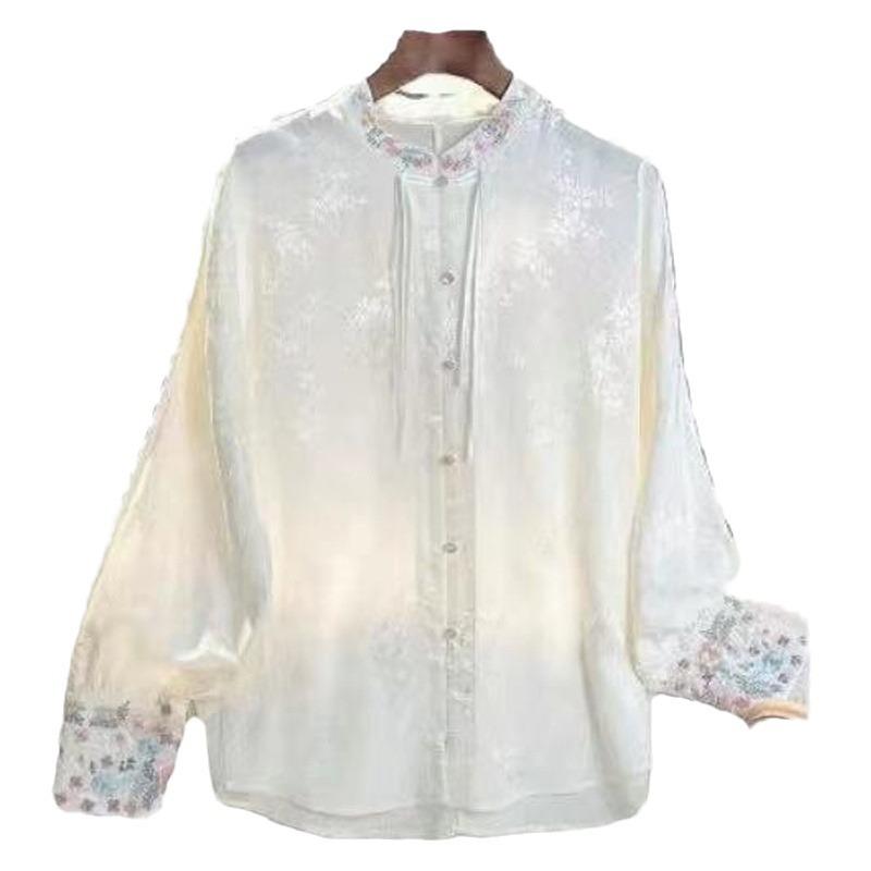 Women's 2024 National Style Jacquard Top: Spring/Autumn Stand Collar High-End Shirt