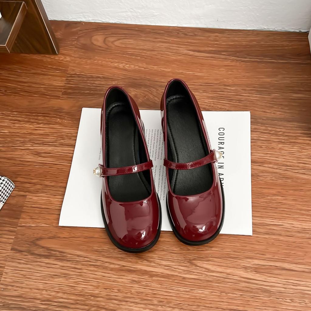 2025 New French Mary Jane Shoes Women's Pearl One-word Buckle Light Mouth Thick Heel Single Shoes Red High Heels Women