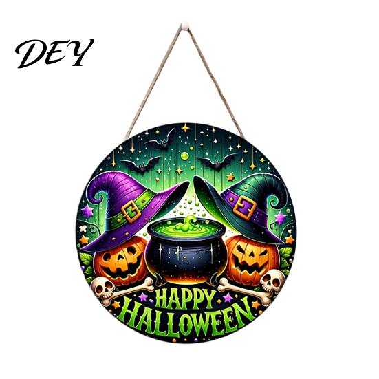 Halloween Gift for Friends Happy Front Door Hanging Sign, Retro Round Witch Hat Magic Cauldron Horror Sign Wooden Welcome Pendant Wall Window