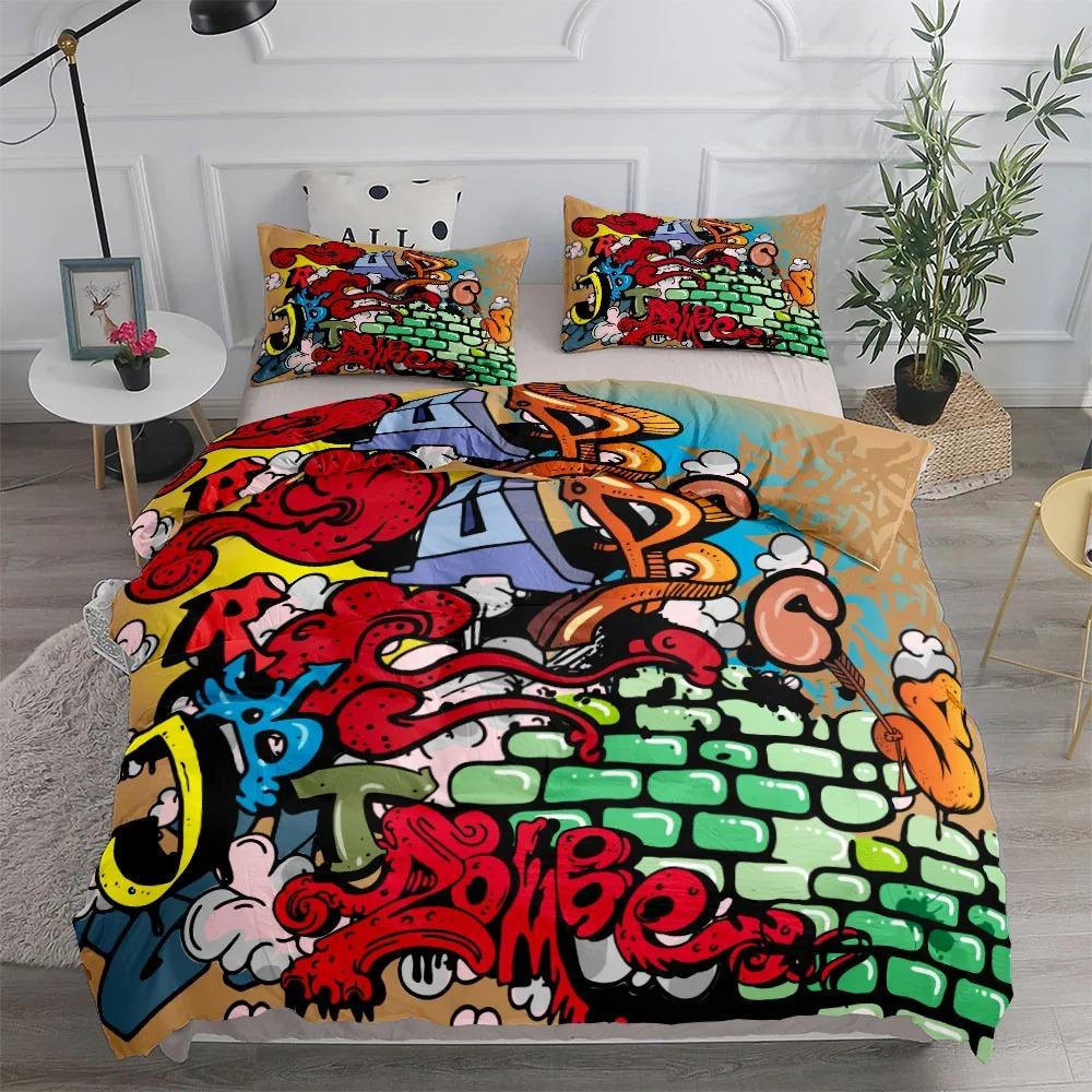 Pościel Hip-Hop Graffiti - Dla Nastolatków Poszewka na Kołdrę i Poszewka na Poduszkę Wzór Artystyczny Wystrój Sypialni 135x200cm, Prezent dla Chłopców i Dziewcząt