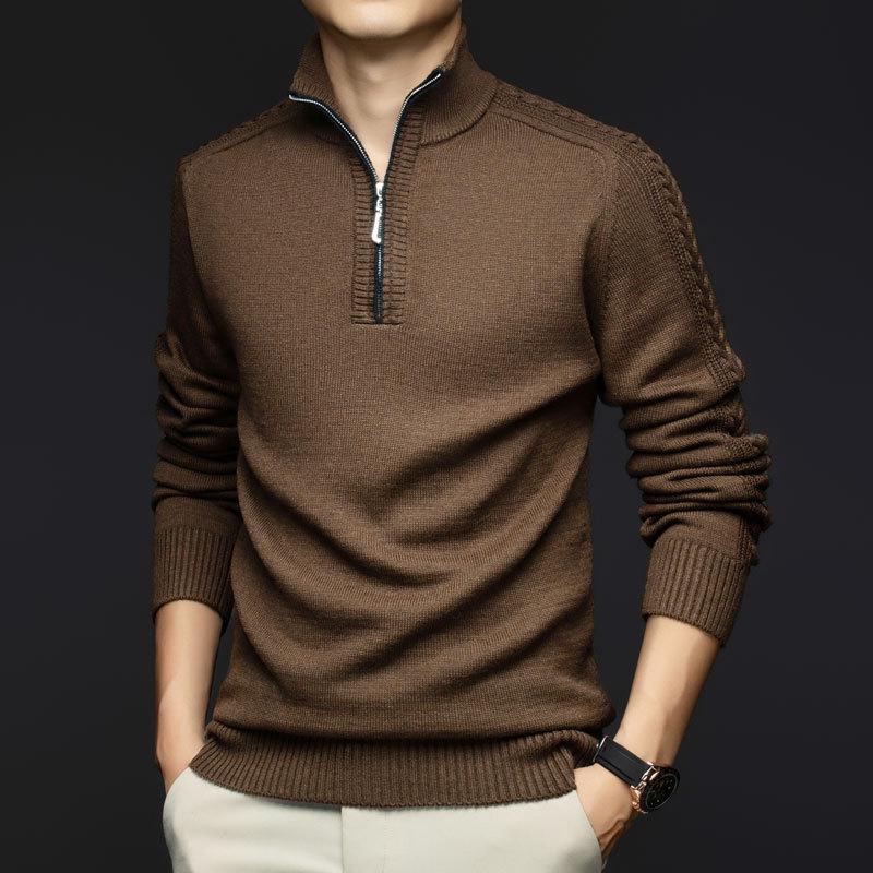 Men's Thick Warm Wool Sweater - Half-Zip, Stand Collar, Long Sleeve, Casual Knitwear