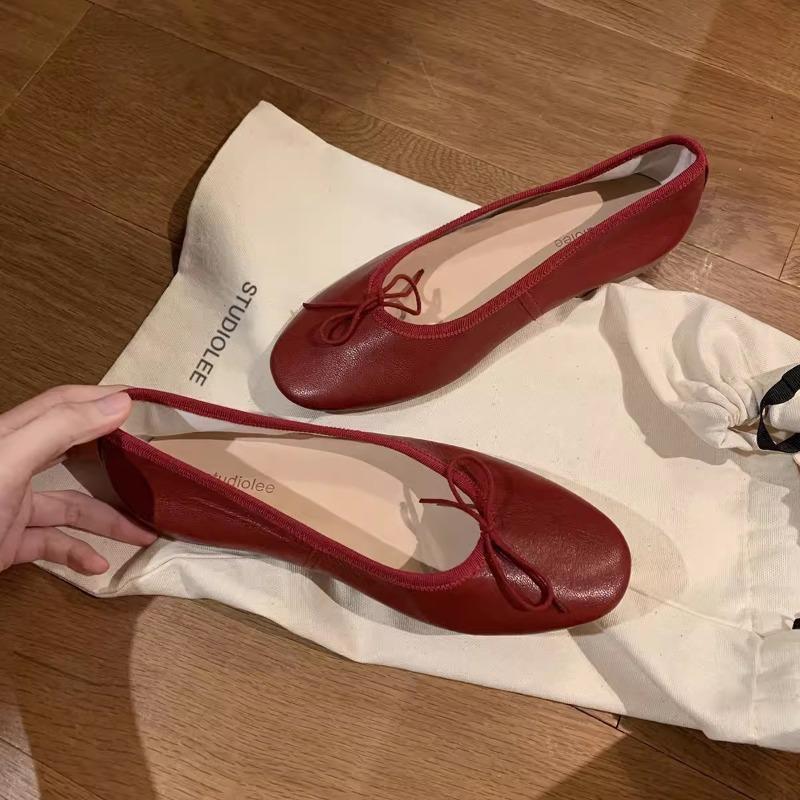 Sheepskin Version~ Classic Versatile Round Head Shallow Mouth Temperament Bow Flat Sole Shoes Women