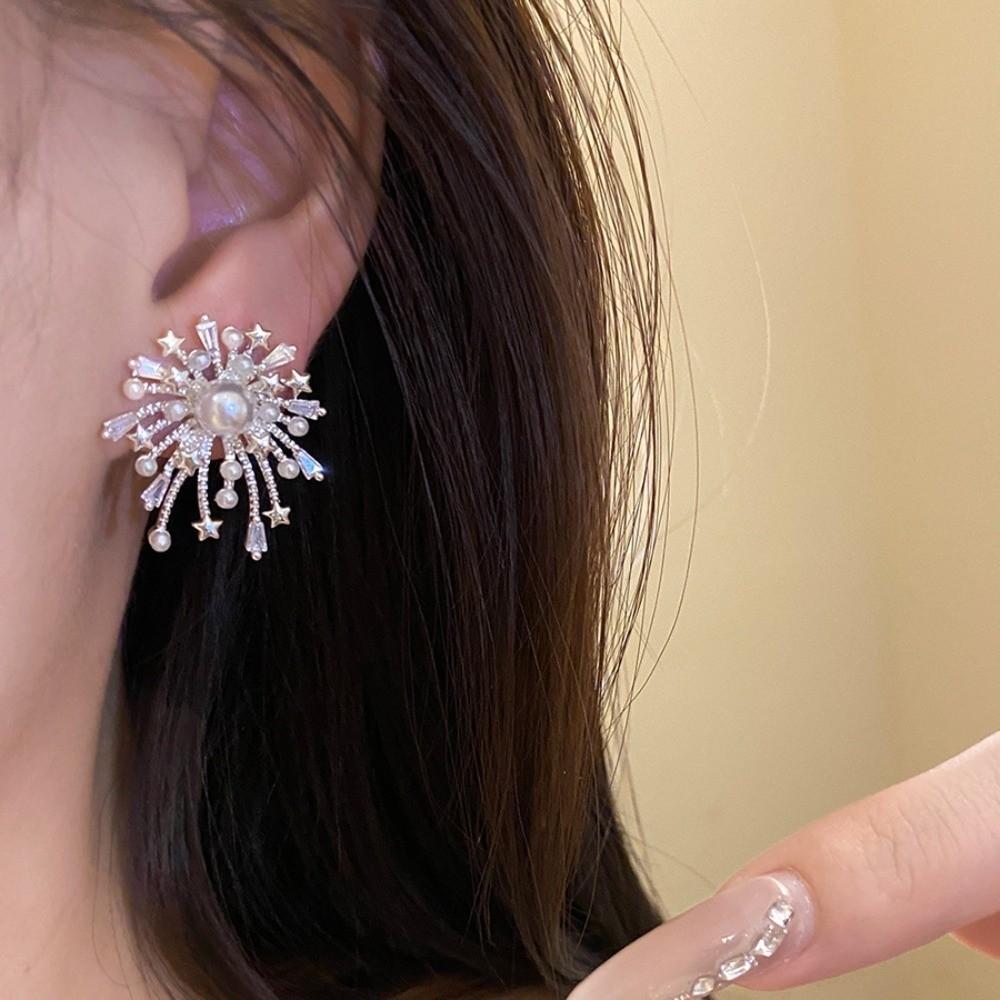 Elegant Sparkling Firework Earrings Pearl Like Dangling Korean Fashion Firework Starburst Ear Studs Zircon