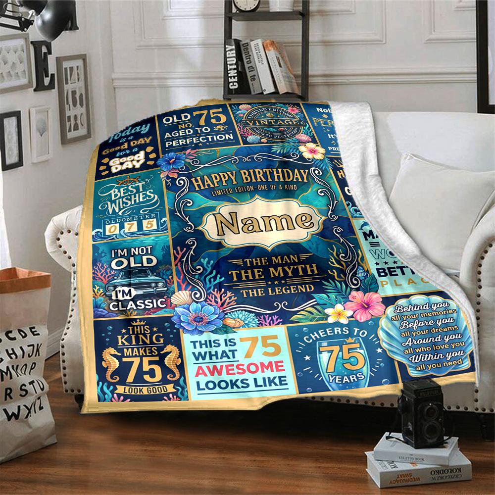 75Th Birthday Celebration Blanket Personalized Name Soft Warm And Versatile For Sofa Bed Office And Travel Machine Washable Comfortable In All Seasons
