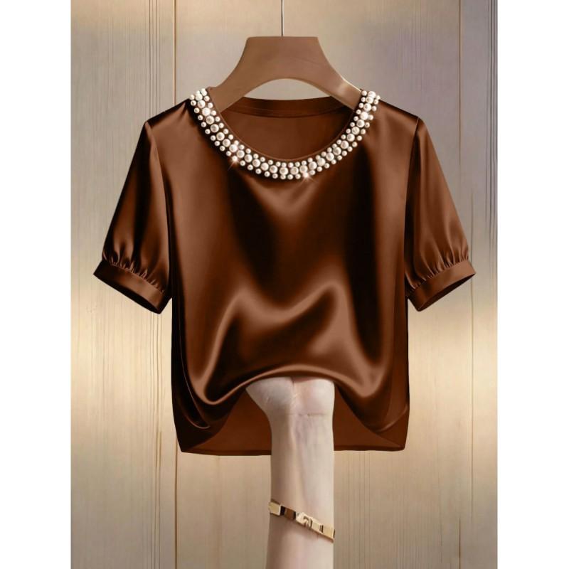 Damen Sommer Französisches Satin-Perlenkragen Kurzarm-T-Shirt mit Elegantem Temperament