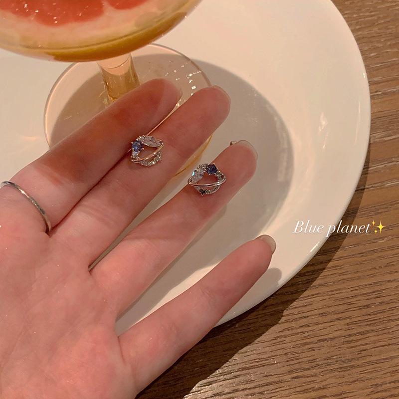 

925 Silver Needle Retro Blue Rhinestone Earrings for Women - Elegant Korean Style, Light Luxury Studs