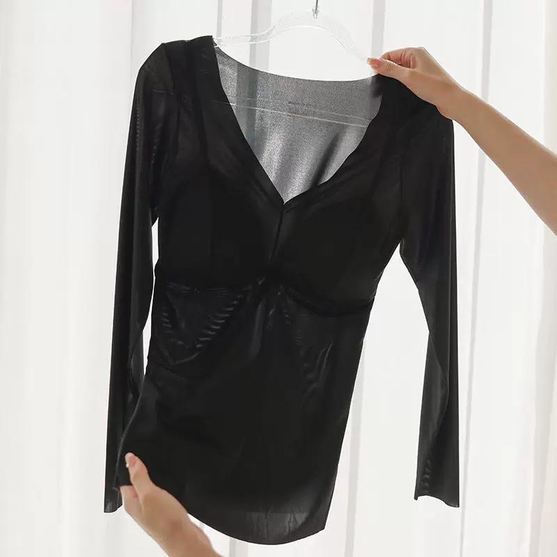 Autumn and Winter Ultra-Thin Thermal Beauty-Enhancing Clothing with Built-In Chest Pads for Women, Slimming Seamless Base Layer Long-Sleeve Top