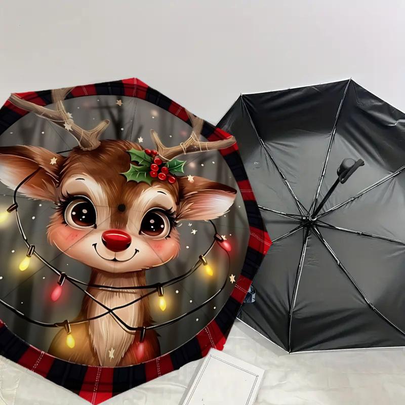1PC Christmas, DeerAutomatic Open/Close Umbrella with Windproof, 8-Rib Sturdy Canopy, Durable Ribs, Fashionable Design, Outdoor Accessory, Fun Prin, H