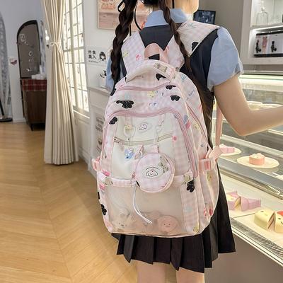Frischer, süßer und niedlicher zweidimensionaler Karopackrucksack für Mittelschüler, kontrastierende Farben, Rucksack mit großem Fassungsvermögen.