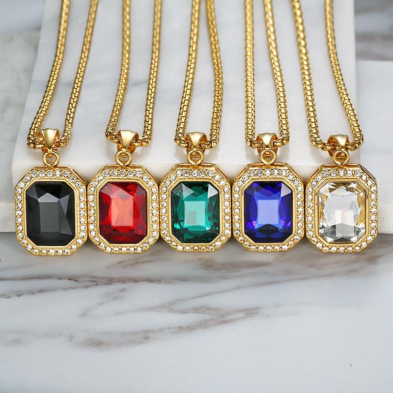 Iced Out Small Square Black Crystal Pendant Necklace For Men/Women Bling Rhinestone Hip hop Jewelry With Box Chain Drop Shipping