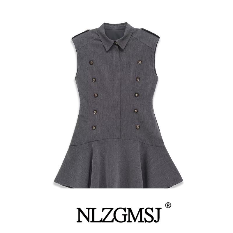 

2025 Stylish European Padded Shoulder Layered Short Dress Small сірий колір
