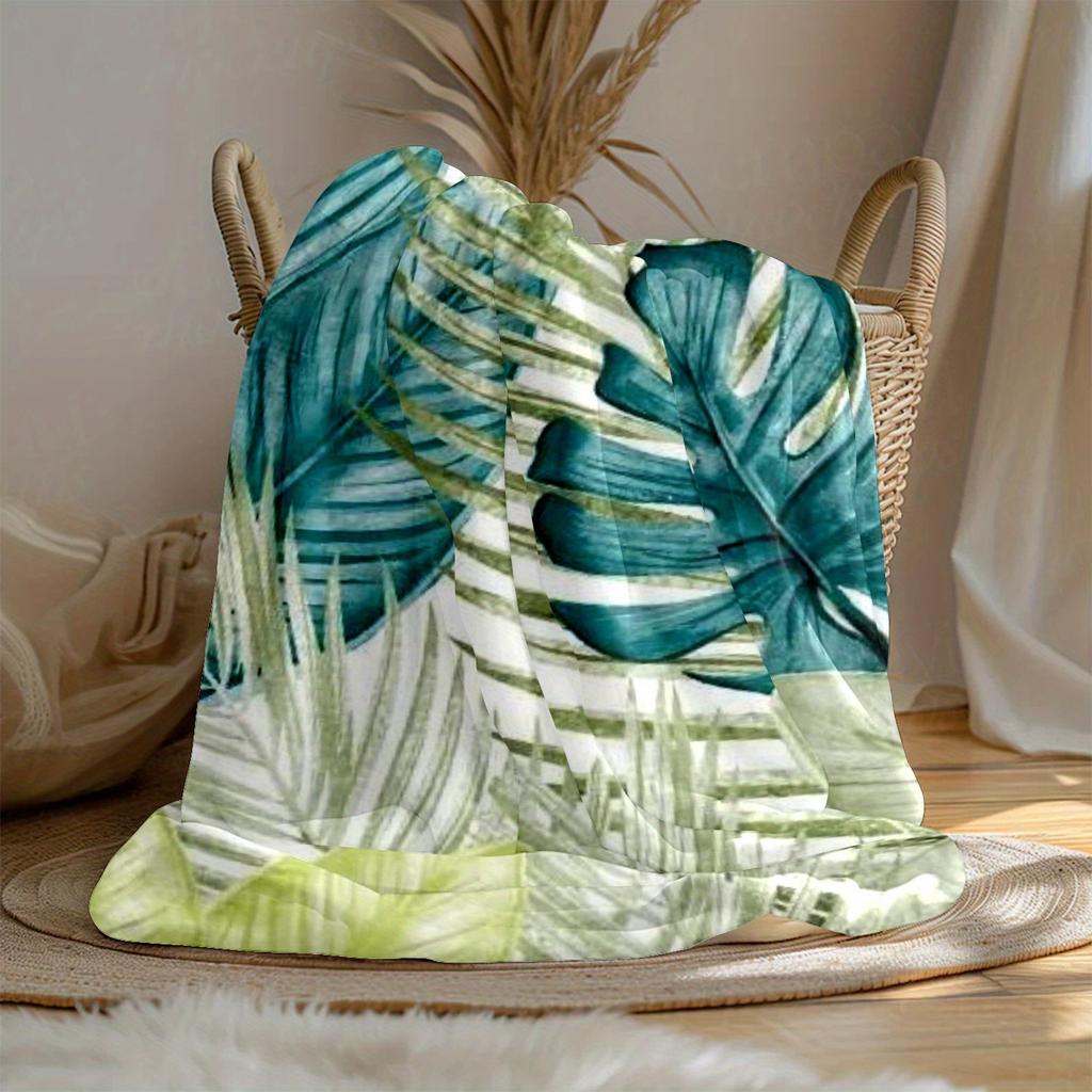 1pc Large Green Palm Leaf Tropical Jungle Flannel Blanket - Turquoise Green & Golden Monstera Pattern, Heavyweight All-Se