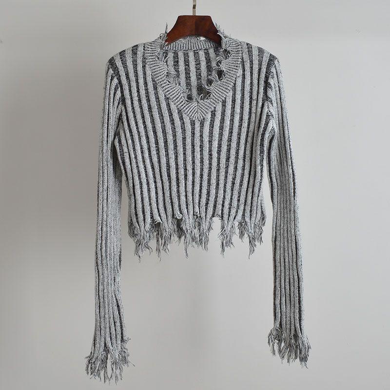 American Retro Sexy V Neck Pullover Fringed Sweater Women's Clothing Spring & Fall Lazy Sweater Long-Sleeved Versatile Top