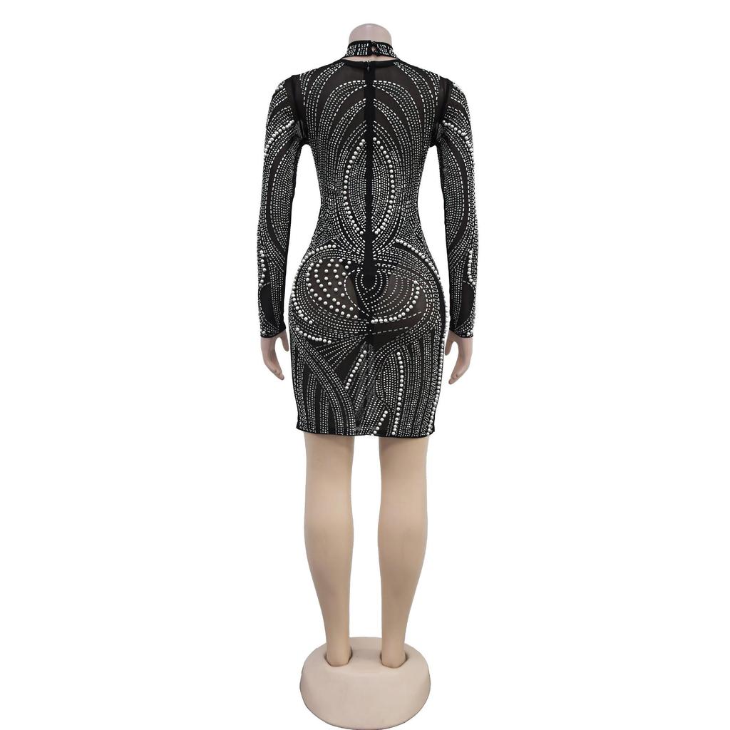 Abito da donna trasparente in rete con strass e perline - Stile europeo americano