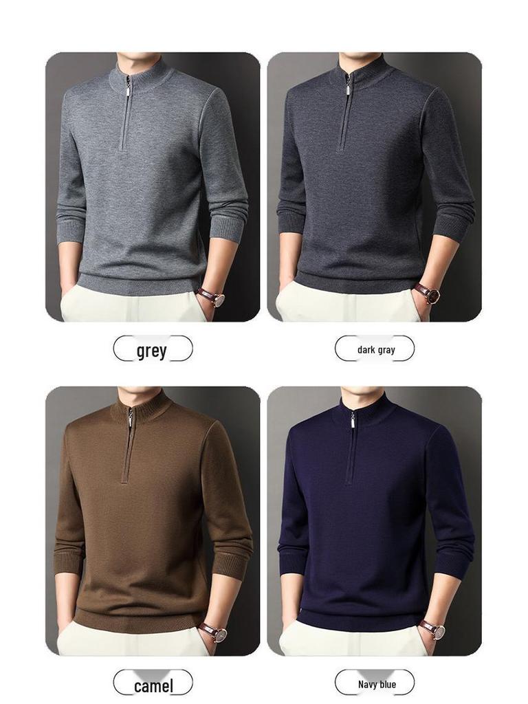 Men's Zipper Half-High Collar Knit Sweater - Mid & Young Adult Pullover Warm Base Layer