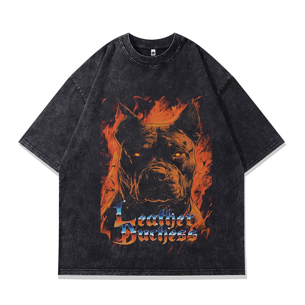 Summer Men'S Trendy Brand Short-Sleeved T-Shirt American High Street Vintage Doberman Print Fried Color T-Shirt