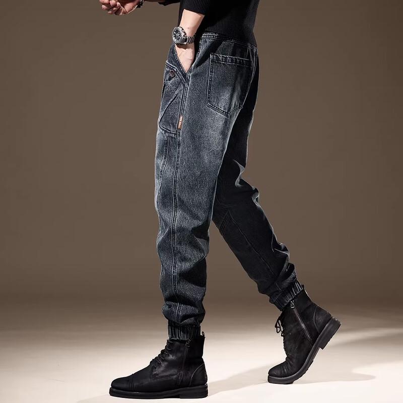 Pantalones vaqueros tipo jogger harem de patchwork lavados estilo vintage americano para hombre