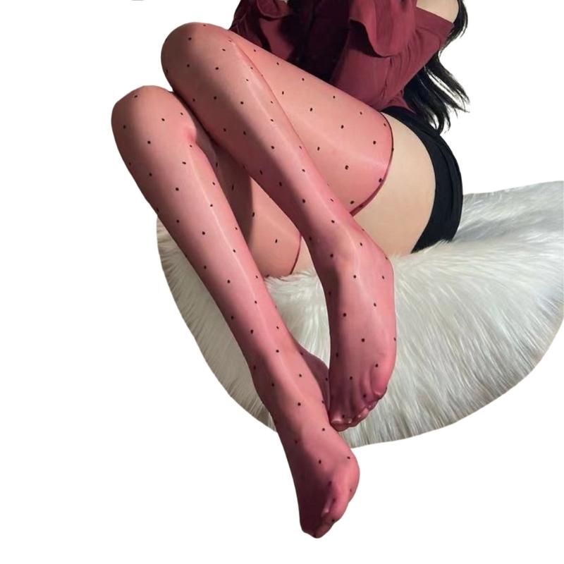Glossy Finish Thigh High Stockings with Vintage Dots Pattern Oil Shimmery See Through Over Knee Long Socks for Women