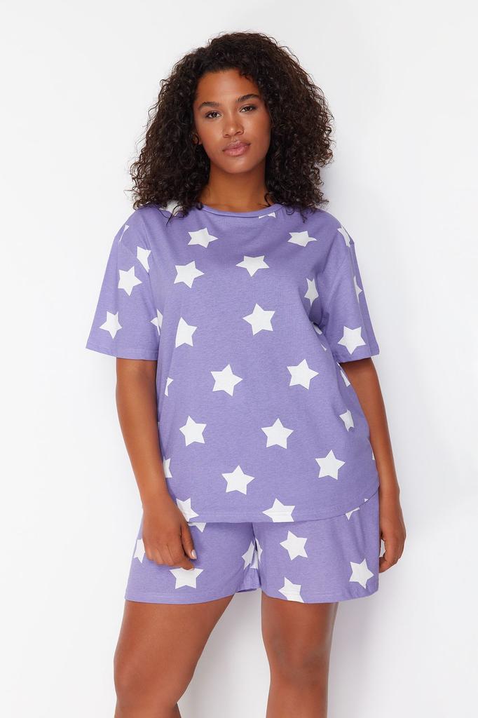 Women's Style Plus Size Lilac Star Printed Knitted Pajama Set