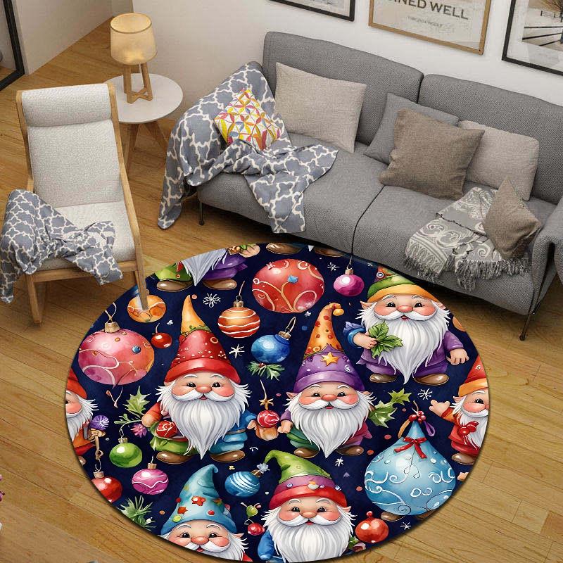 Round Area Rug Christmas Gnome Tomte Beard Colorful Ornament Bauble Home Office Decor