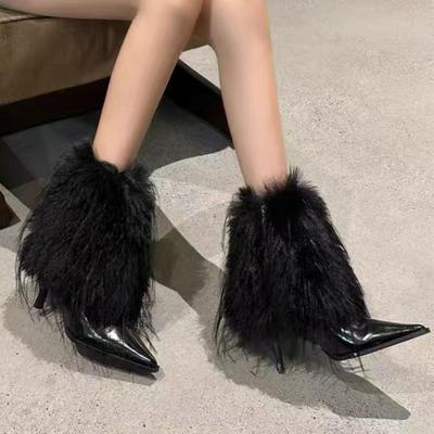 Bottines fourrées à la mode pour femmes, bout pointu, chaussures de créateur, talons hauts, bottes d'hiver tendance 2025, escarpins de luxe, robe sexy, Botas Mujer