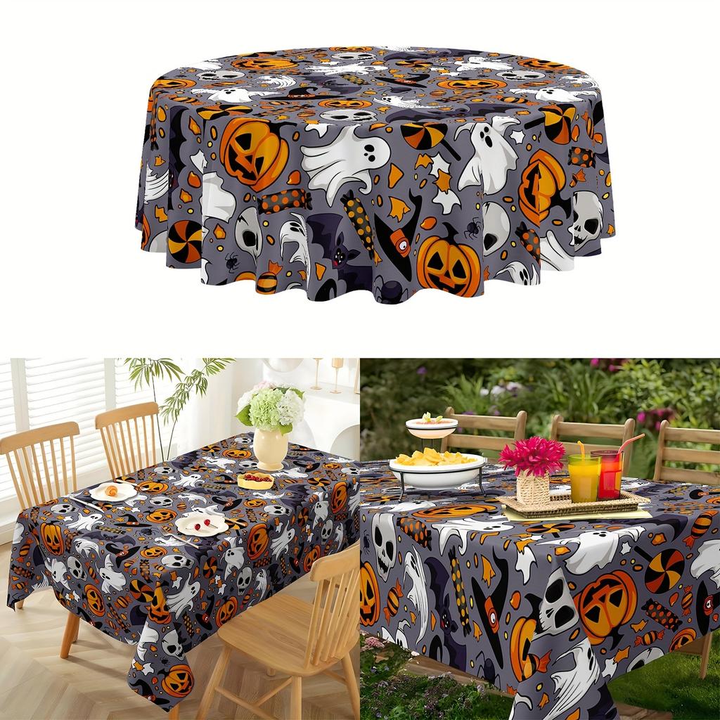 Halloween Spooky Pumpkin Ghost Skeleton Waterproof Tablecloth Table Decor Reusable Dining Tablecloth Halloween Decorations