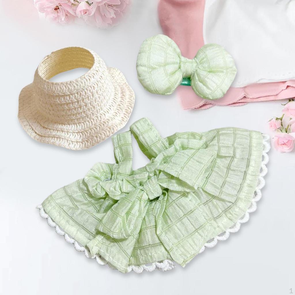 3 Pieces Dolls Dress with Hat Bow Hairpin Outfits Handmade Clothing for 15-17cm