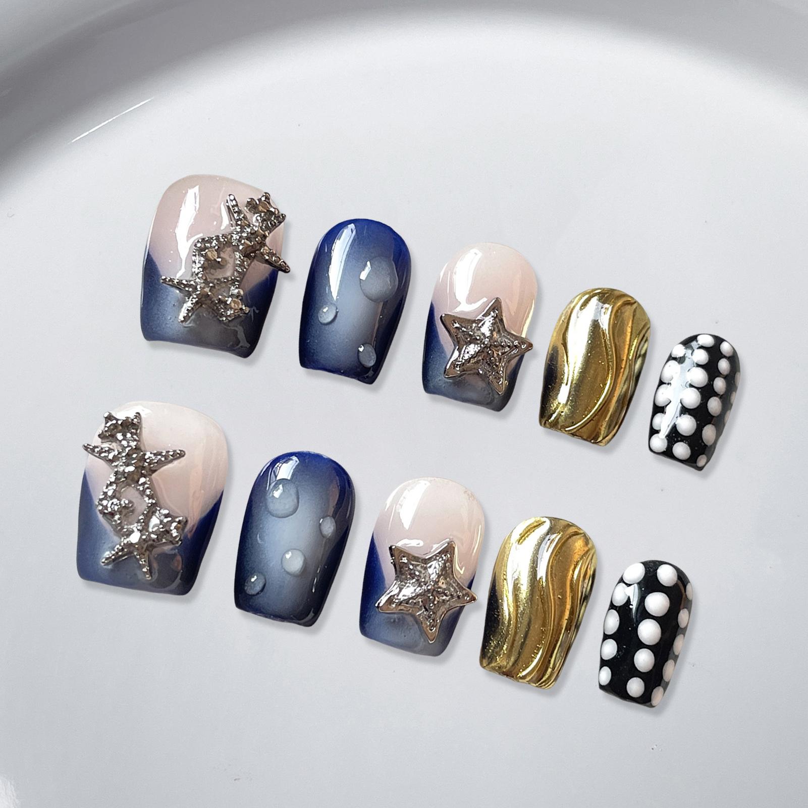 10Pcs Short T Star Ocean Story Handmade False Nails with Unique Design for Women XS