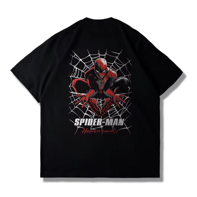 Avengers SpiderUnisex Cartoon Print SpiderUnisex 3 JointDesign Black and White Pure Cotton Unisexs ShortSleeved TShirt S
