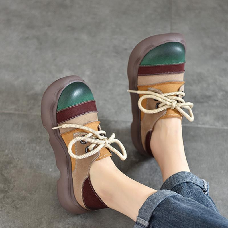 Johnature Genuine Leather Lace-up Thick Soled Shoes Retro Mixed Colors Round Toe Women's Flat Shoes