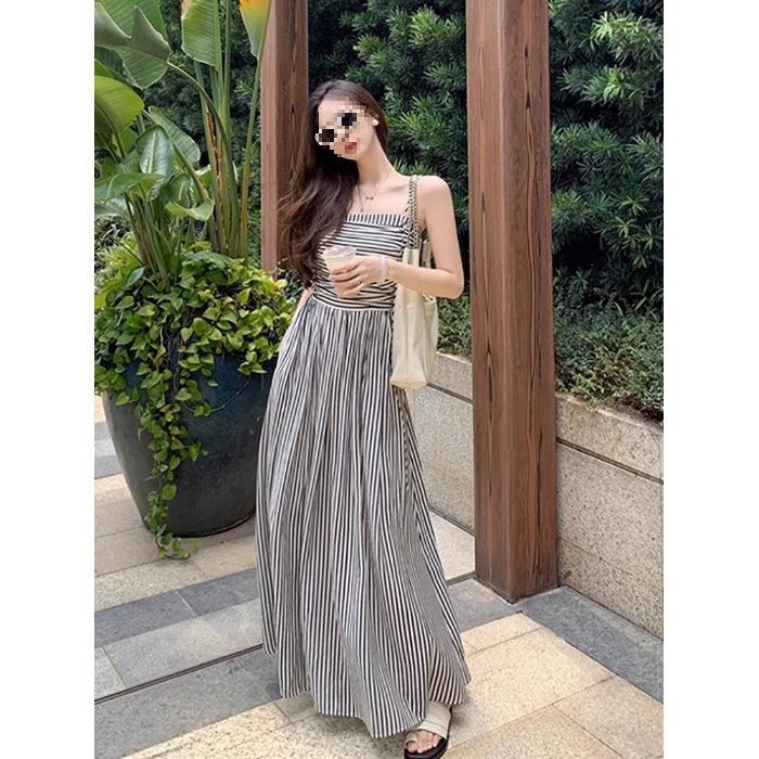 Sexy Bandeau Color Block Striped Dress - Women s Summer High Waist Slimming Long Skirt Medium