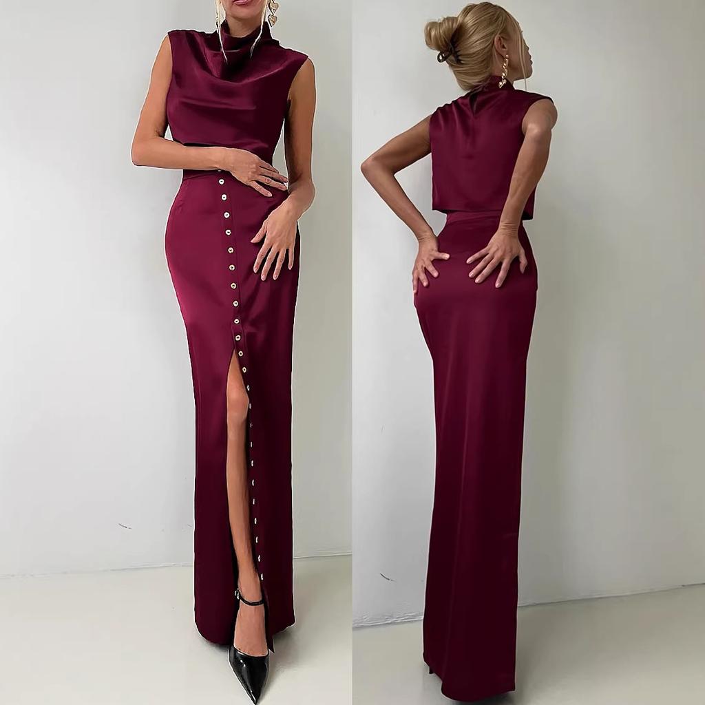 Foreign trade 2026 spring new women's clothing stacked collar pullover sleeveless top breasted skirt casual suit women