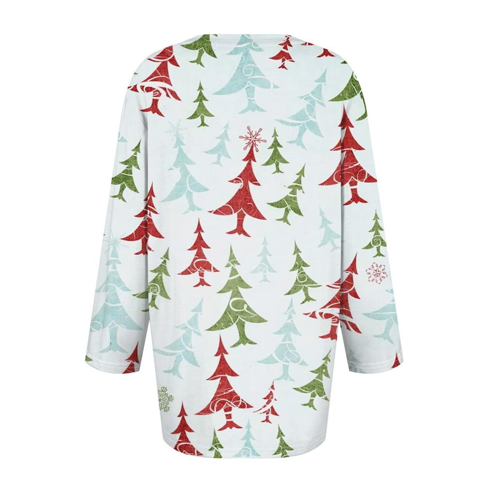 Damenmode Lässiges T-Shirt mit sieben Ärmeln und Weihnachtsdruck, Rundhalsausschnitt