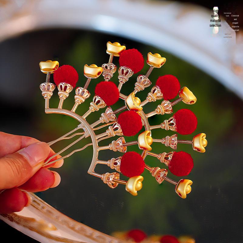 Antik-inspirierte Haarnadel des Reichtumsgottes mit Fellbommel - Elegantes Damen-Kopfschmuck für Herbst, Winter & Neujahr