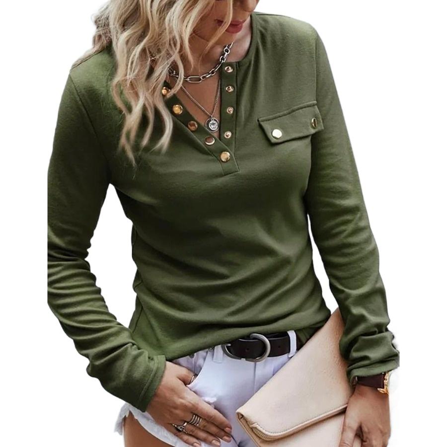 Women's Autumn Faux Pocket Tops Solid Long Sleeve Buttons V Neck T Shirt
