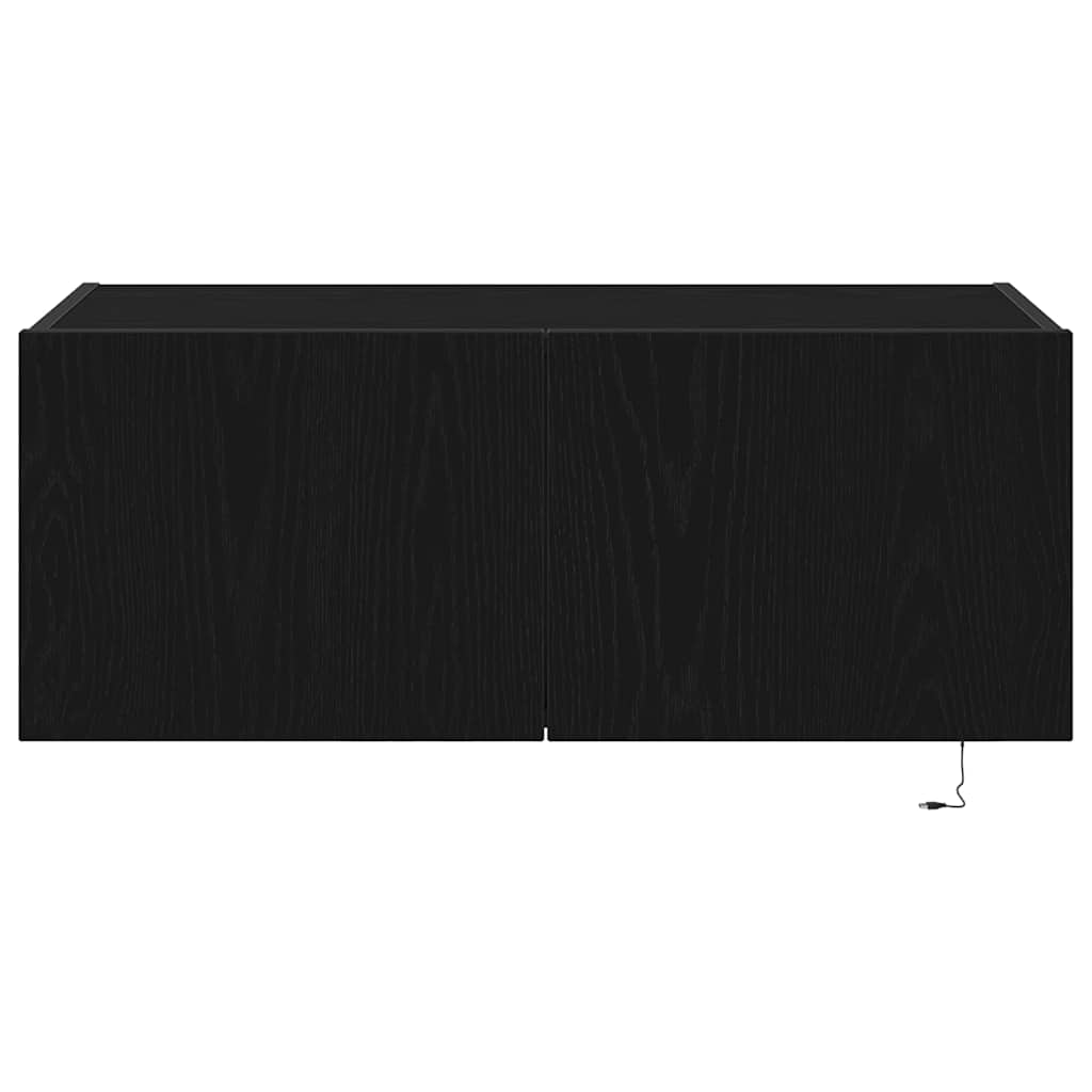 Wall Mounted TV Cabinet with LED Lighting Black Oak Effect 80 X 35 X 31 Cm