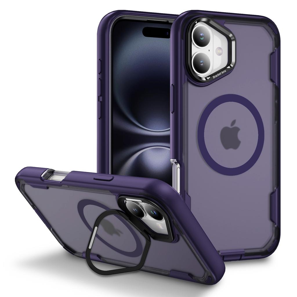 For iPhone 16 Case Compatible with MagSafe Lens Frame Kickstand TPU + PC Shockproof Phone Cover