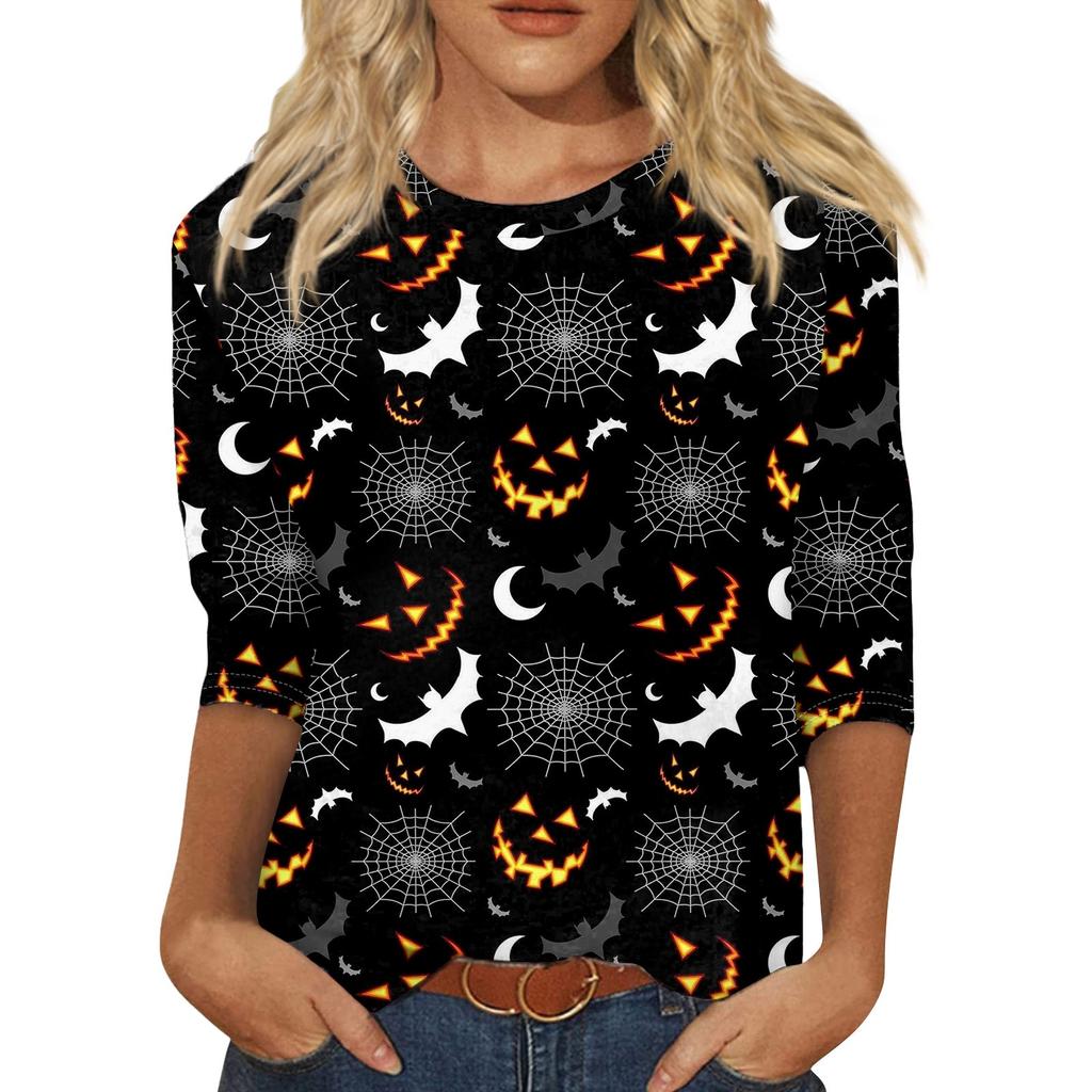 T-shirt da donna stampata allentata con maniche a 3/4, girocollo, moda casual, alla moda