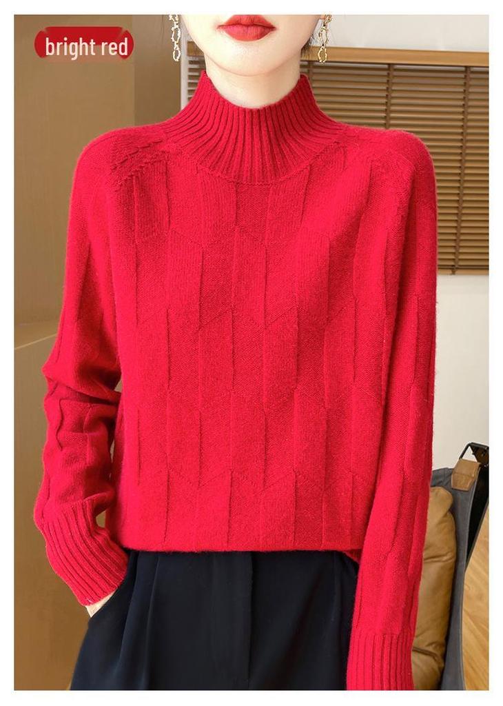 Thick Knit Half-High Collar Wool Sweater - Loose Fit Pullover