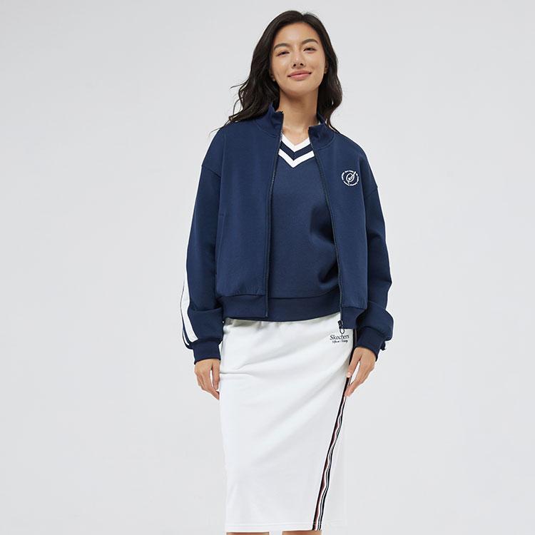 Skechers Retro Color Block Striped Warm Fashion Comfortable Stand Collar Zip Jacket Women Jackets Navy-Blue L324W021-002Z