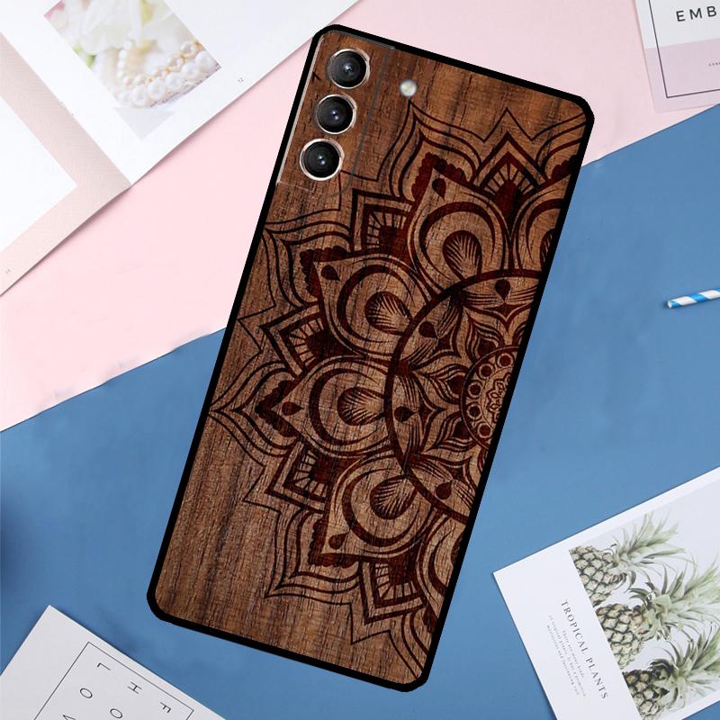 Mandala Floral Wood Case For Samsung Galaxy S25 Ultra S24 S23 S22 S21 Ultra S9 S10 Plus S23 FE S25 FE Back Cover
