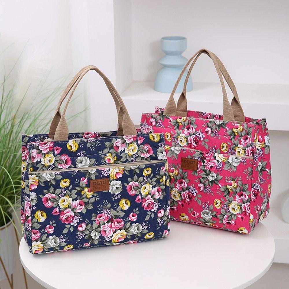 Zipper Floral Print Tote Bag Portable Mommy Bag Portable Canvas Lunch Bag  For Mom
