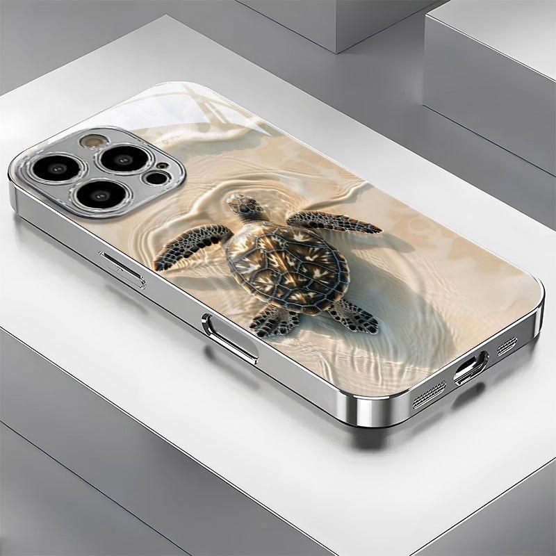 

Beach Turtle Pattern Tempered Glass Phone Case For iPhone 17 16 15 14 13 12 11 Pro Max 14 Plus 17 Air Electroplate Silver Cover iPhone 13 Pro