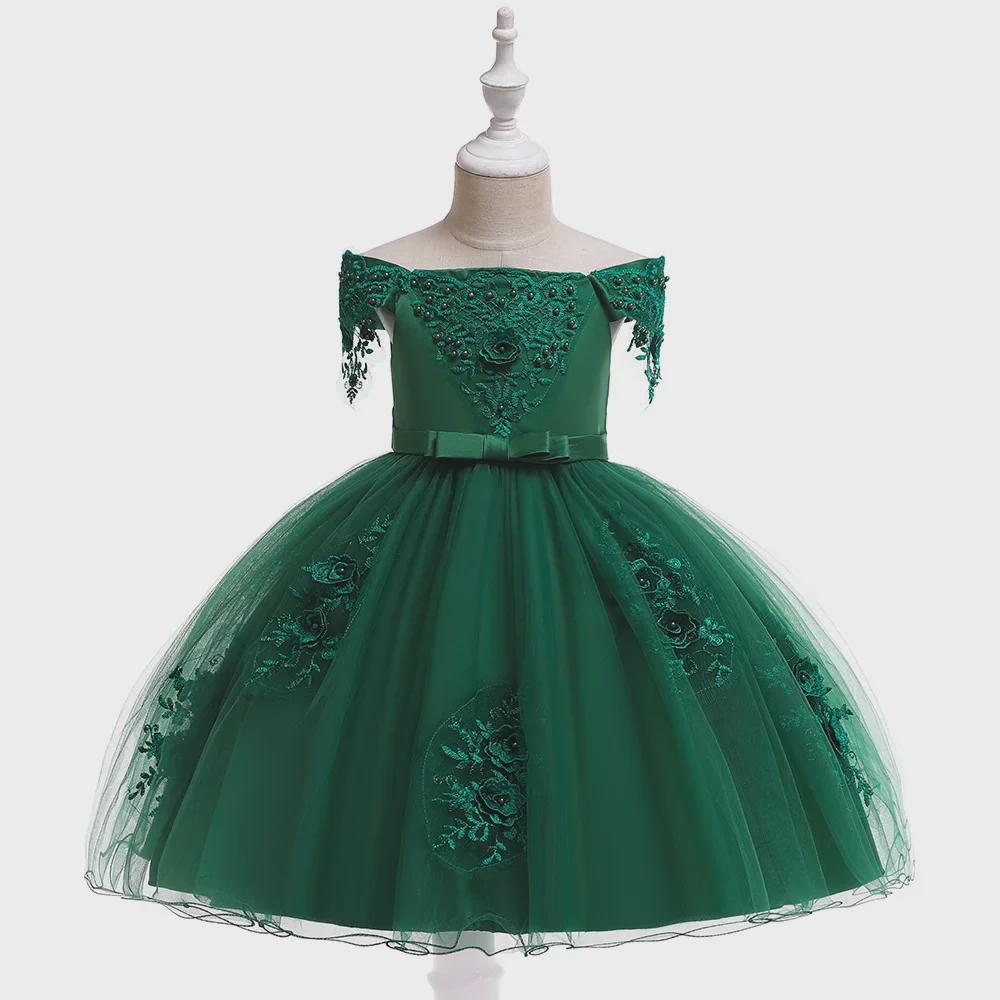 2024 One-Shoulder Puffy Princess Dress with Mesh Embroidery and Pearls for Girls
