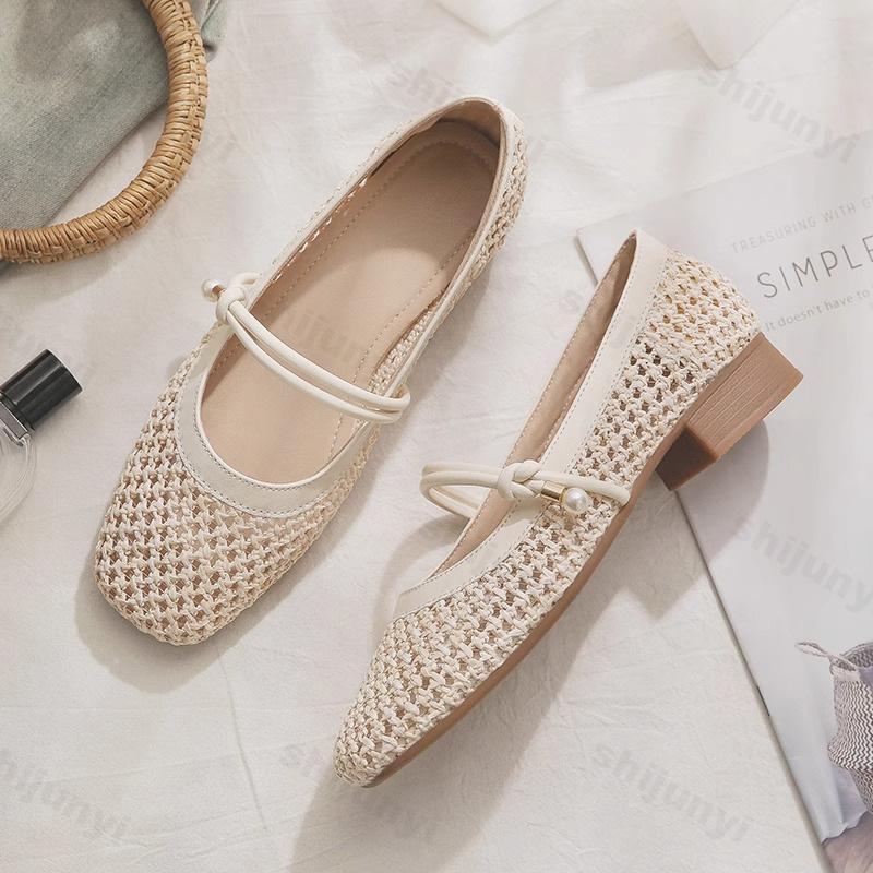 Summer Women Ballet Flats New 2026 Mesh Breathable Fashion Outdoors Mary Jane High Heels Square Toe Pumps Female Zapatos Mujer