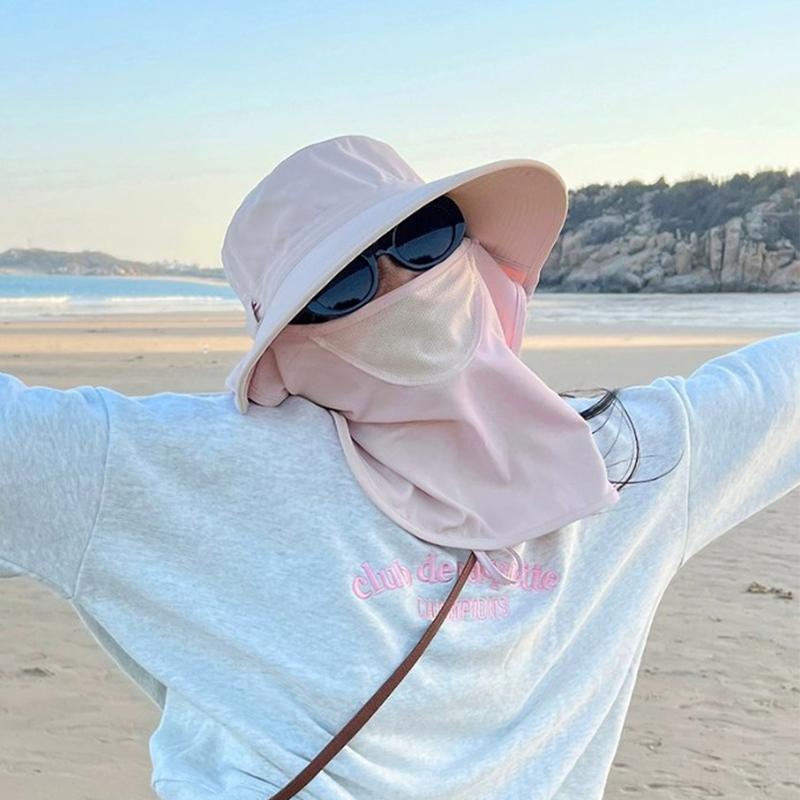 Summer Outdoor Travel Sunshade Sun Hat Detachable Cape Mask Sun Hat Women Ponytail Large Brim Beach Hats