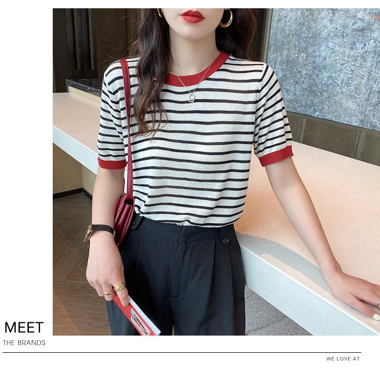 Ice Silk Women's Striped T-shirt, Short Sleeve, Plus Size, Korean Style, 2026 Summer Collection