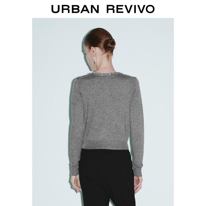 UR 2025 Spring Women's Gray Beaded Round Neck Knitted Cardigan