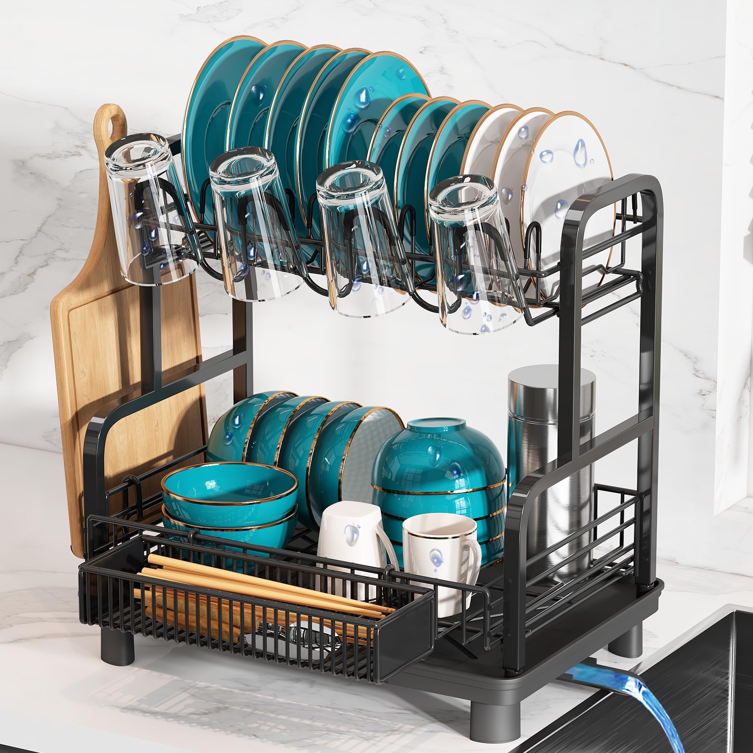 MAJALiS 2-Tier Dish Drainer, Dish Rack, Dish Drainer, Dish Rack, Kitchen Dish Drainer, Dish Rack, Automatic Drain, Dish Stand, Large Capacity, Black