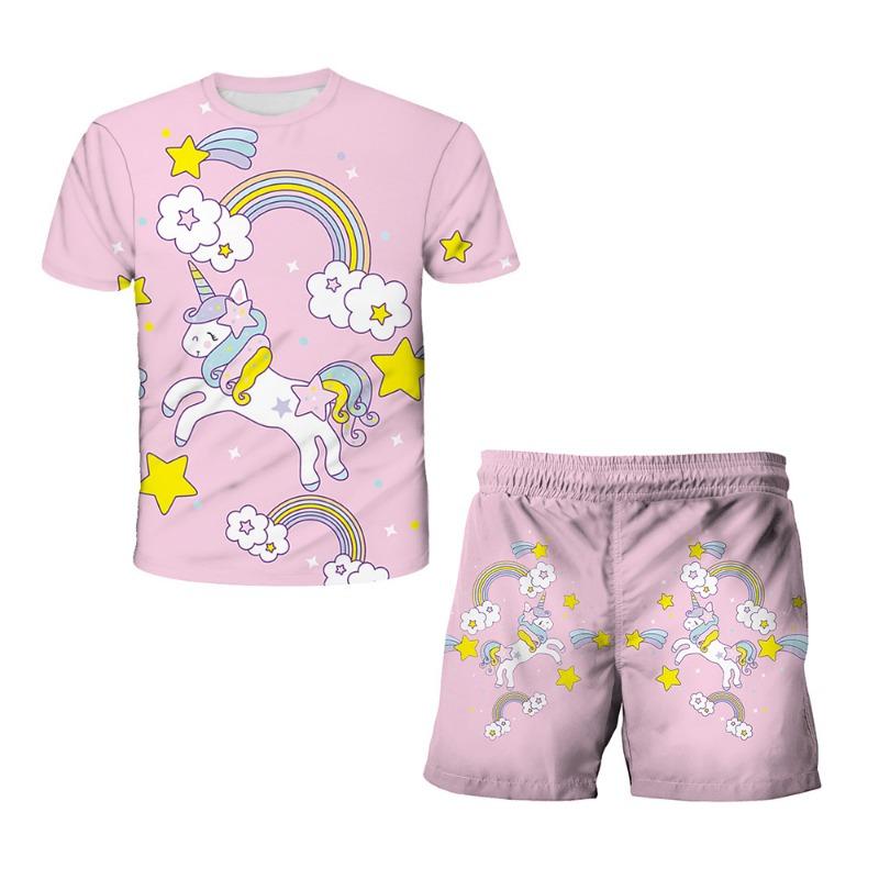 Unicorn Fashion Cute Girl Top T-shirt Short Sleeve+Shorts Two Piece Set Girls' and Children's Top Short Sleeve